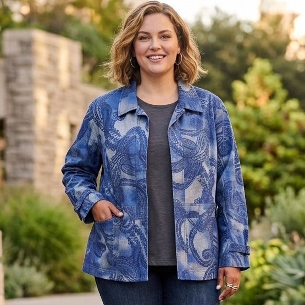 Multiples Paisley Utility Jacket Womens 2X Blue Grey Stretch Boho Art to Wear